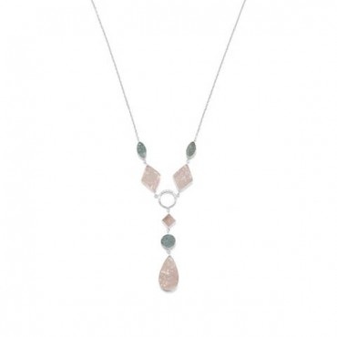  Sterling Silver Aquamarine and Rose Quartz Drop Necklace