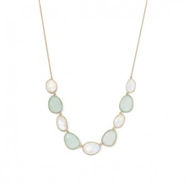  14 Karat Gold Plated Rainbow Moonstone and Green Chalcedony Necklace