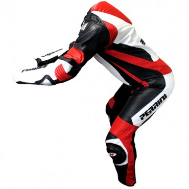 Perrini 1 Piece Red White & Black Genuine Cow Hide Leather Motorbike Riding Motorcycle Racing Suit