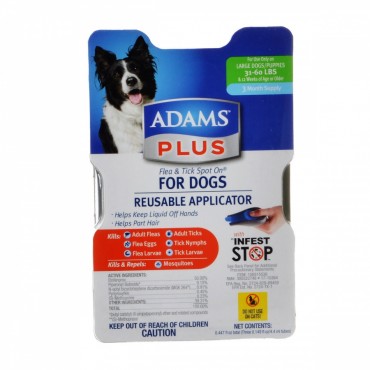 Adams Plus Flea and Tick Spot On for Dogs with Reusable Applicator - Large Dogs - 3 Month Supply - Dogs 31-60 lbs