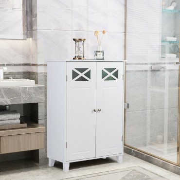 Free Standing Storage Bathroom Cabinet Double Doors Wooden Organizer