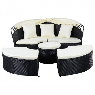 2-In-1 Outdoor Patio Rattan Round Retractable Canopy Daybed