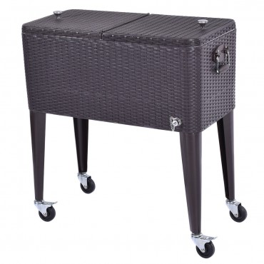 80QT Outdoor Party Portable Rattan Rolling Cooler Cart