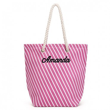 Personalized Cabana Nylon/Cotton Blend Beach Tote Bag - Pink Stripe