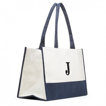Personalized Color Block Canvas Tote Bag - Navy