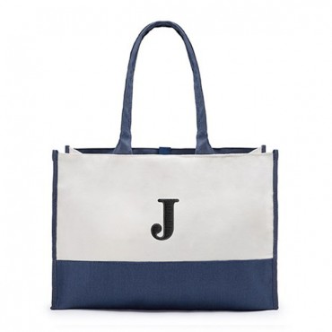 Personalized Color Block Canvas Tote Bag - Navy
