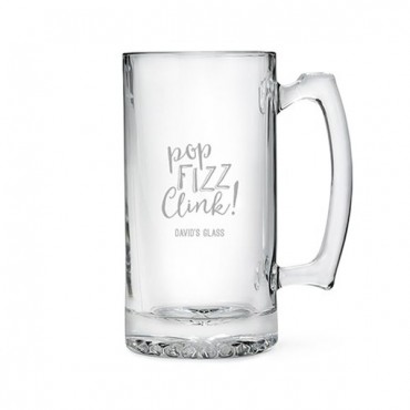 Etched Glass 25 Oz Beer Mug - Pop, Fizz, Clink!