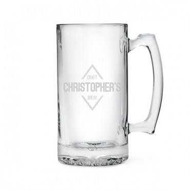 Etched Glass 25 Oz Beer Mug - Diamond Emblem Etching