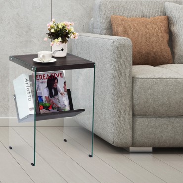 Modern 2-Tier Soho Tempered Glass Accent Table With Wood Top