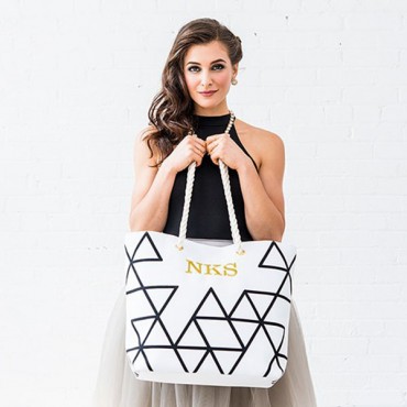 Personalized Geo Prism Cotton Canvas Tote Bag - Black On White