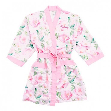 Women's Personalized Embroidered Floral Satin Robe With Pockets - Light Pink