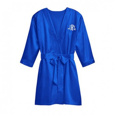 Women's Personalized Embroidered Satin Robe With Pockets - French Blue