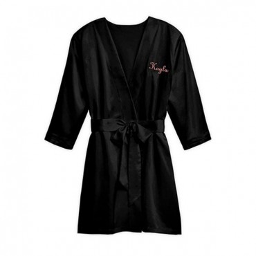 Women's Personalized Embroidered Satin Robe With Pockets - Black