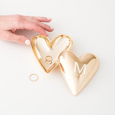 Gold Modern Heart Jewelry Box - Single Initial With Line Of Text Etching