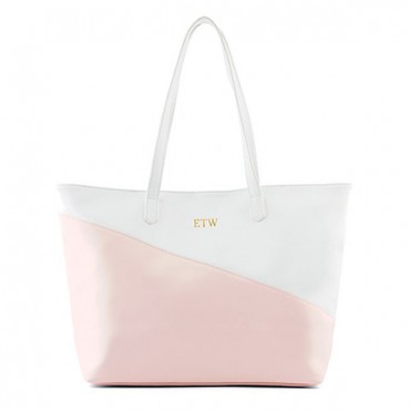 Personalized Color Block Faux Leather Tote Bag - Pink & White