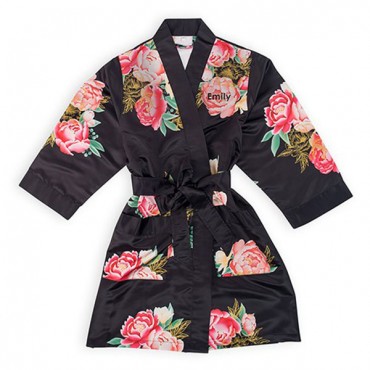 Women's Personalized Embroidered Floral Satin Robe With Pockets - Black Blissful Blooms