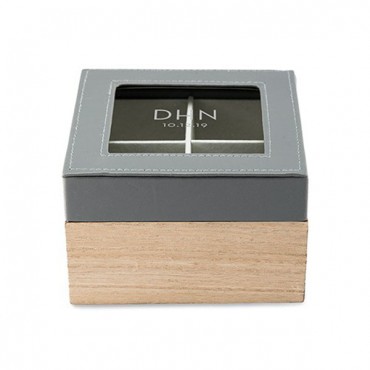 Wood And Faux Leather Keepsake Box With Glass Lid - Modern Initials