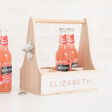 Personalized Wooden Bottle Caddy With Opener - Simple Text