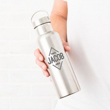 Personalized Chrome Water Bottle With Handle - Diamond Emblem Print