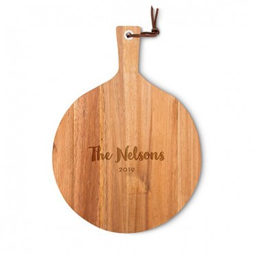 Personalized Round Wooden Cutting And Serving Board With Handle - Bold Script