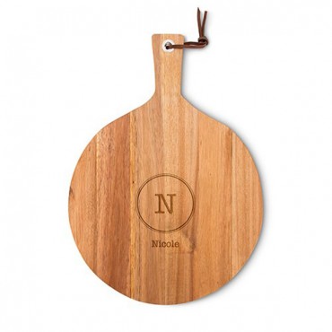 Personalized Round Wooden Cutting And Serving Board With Handle - Typewriter Monogram