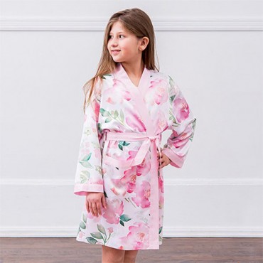 Personalized Embroidered Junior Bridesmaid Satin Robe With Pockets - Pink Floral