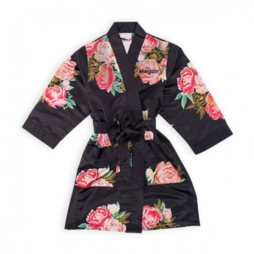 Personalized Junior Bridesmaid Satin Robe With Pockets - Black Floral
