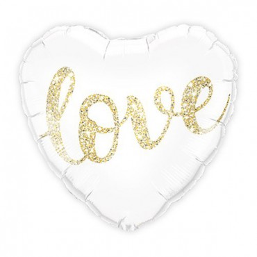 Mylar Foil Helium Party Balloon Wedding Decoration - White And Gold Love Glitter Heart - 4 Pieces