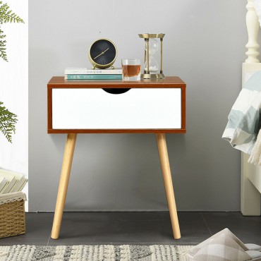 End Side Storage Drawer Nightstand With Solid Wooden Leg