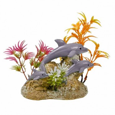 Exotic Environments Aquatic Scene with Dolphins Aquarium Ornament - 5.5 in. L x 3 in. W x 4.25 in. H