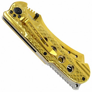 Hunt-Down 9 in. Spring Assisted Folding Knife Slotted Edge - Gold Blade & Handle