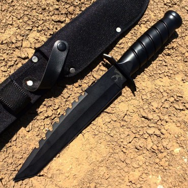 Black Serrated Hunting Knife W/Sheath