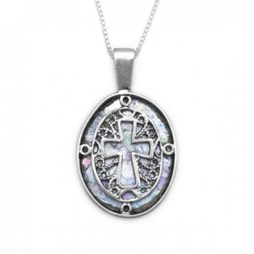  18 in. Oval Ancient Roman Glass Cut Out Cross Necklace