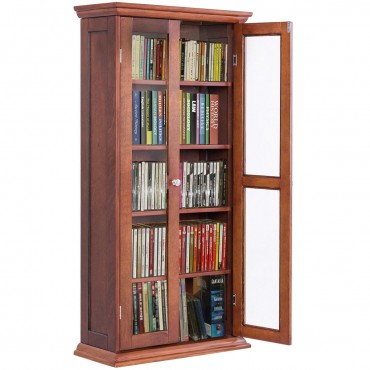 Wood Media Storage Cabinet CD Shelves With Tower Glass Doors