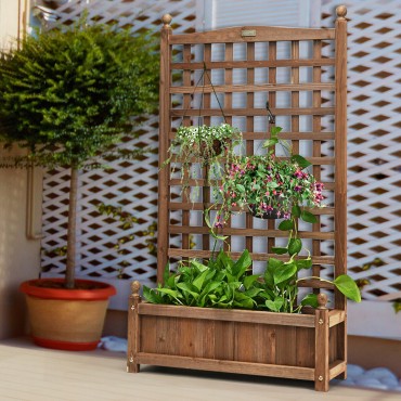 Solid Wood Planter Box With Trellis Weather-Resistant Outdoor