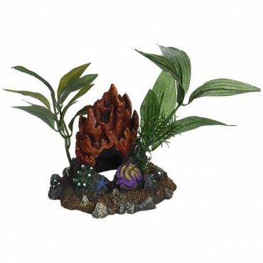Blue Ribbon Resin Ornament Fire Coral Cave with Plants - 5 in. L x 4.5 in. W x 4.5 in. H