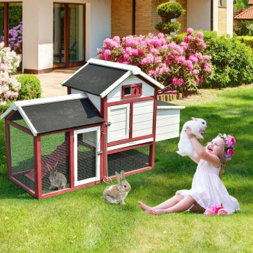 60 In. Rabbit Bunny Hutch House with Black Roof