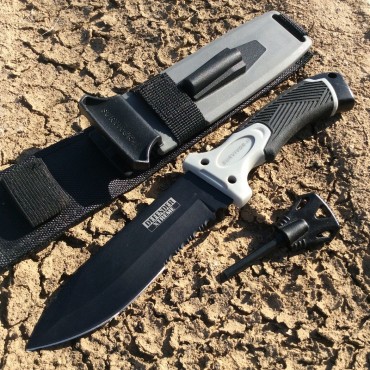 11 in. Black Survival II Knife With Blade Sharpener, Fire Starter & Sheath
