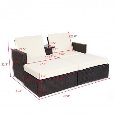 3 Pcs Outdoor Rattan Wicker Chaise Lounge Love Seat