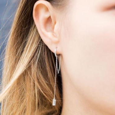 Rhodium Plated CZ Huggie Hoop Earrings with Chain Drop