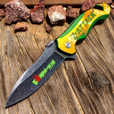 8 in. S/A Zombie Killer Stone Wash Blade Pocket Knife Metal Handle W/ Seat Belt Cutter