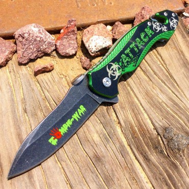 8 in. S/A Pocket Knife Zombie Killer Stone Wash Blade Metal Handle W/ Seat Belt Cutter