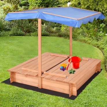Children Outdoor Retractable Sandbox With Canopy Bench Seat