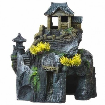 Exotic Environments Asian Cottage House with Bonsai Aquarium Ornament - 7.75 in. L x 5.5 in. W x 8.5 in. H