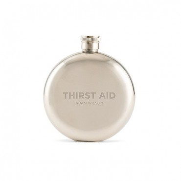 Thirst Aid Engraved Round Silver Hip Flask For Men