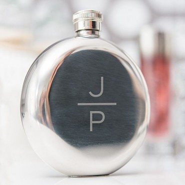 Stacked Monogram Etched Round Silver Hip Flask For Men Or Women