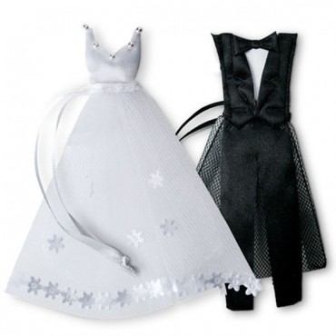 White Wedding Dress And Tuxedo Organza Favor Bags - Pack of 12