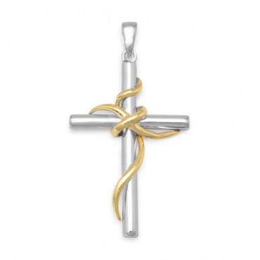 Rhodium and 14 Karat Gold Plated Sterling Silver Cross Pendant