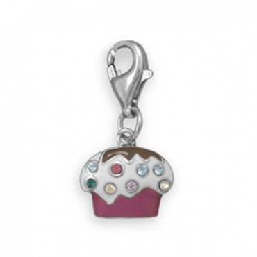 Rhodium Plated Enamel Cupcake Charm with Lobster Clasp Closure