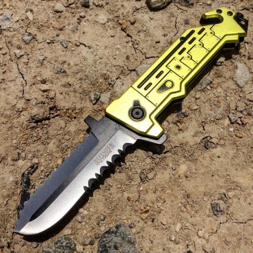 8 in. SAW Knife Yellow Serrated Blade Spring Assisted Stainless Steel Folding Knife